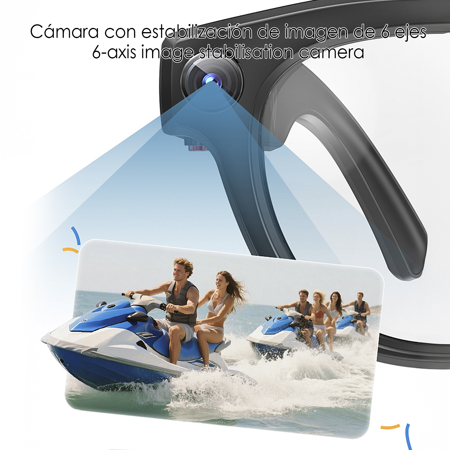 Telecamera con stabilizzazione d'immagine che mostra moto d'acqua sull'acqua. Persone che guidano moto d'acqua. La fotocamera è nera con luce blu.