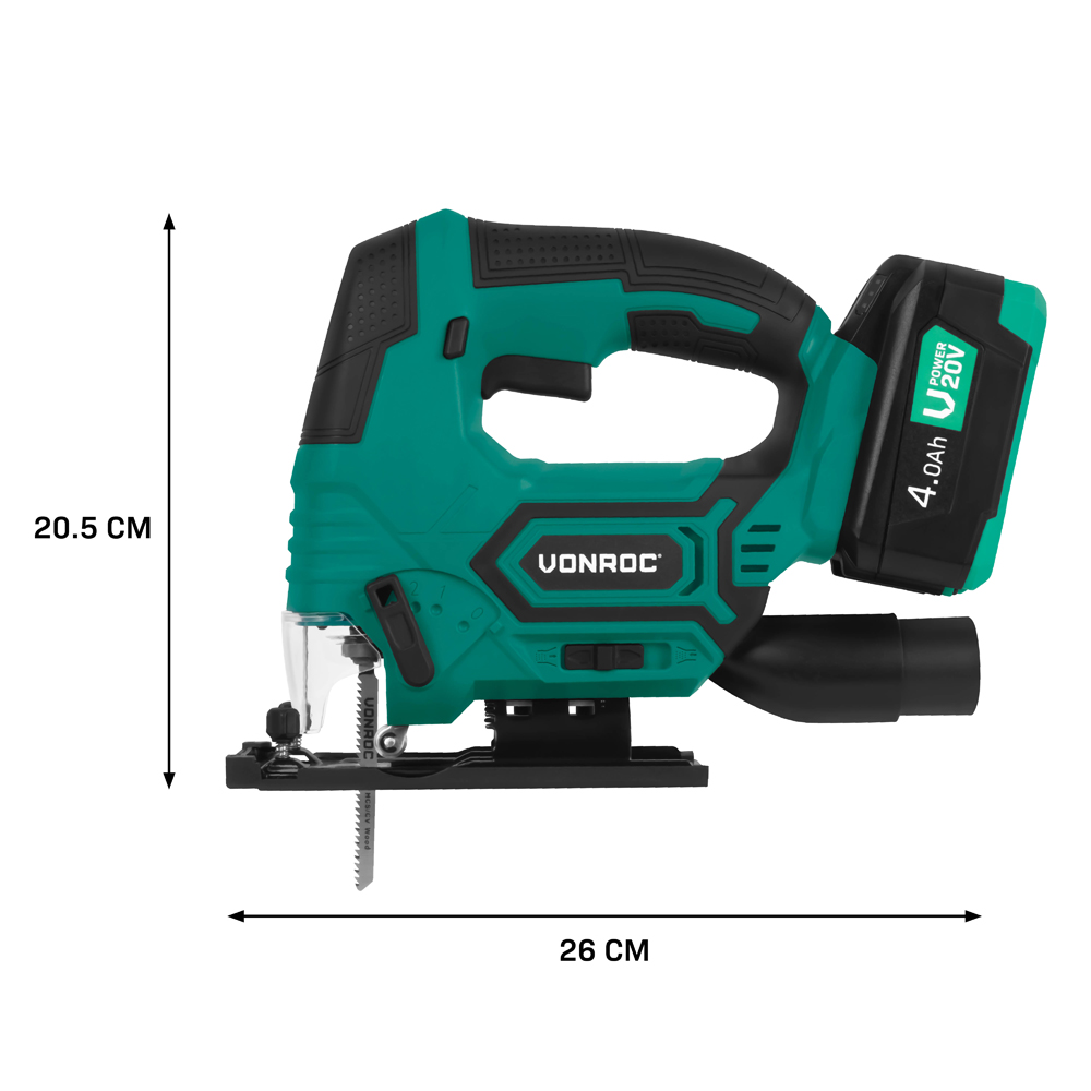 A green and black VORONC jigsaw with battery. Dimensions are 20.5 cm x 26 cm. The saw blade is visible.