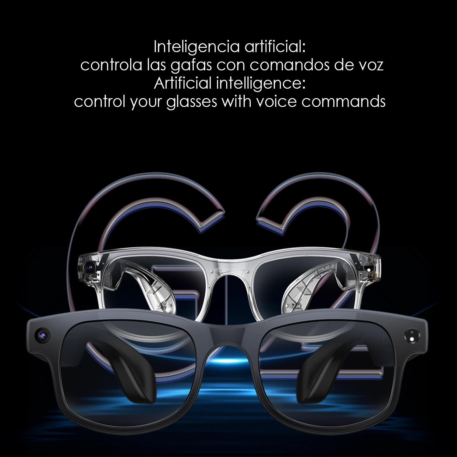 Due paia di occhiali intelligenti, uno trasparente e uno nero, su sfondo scuro con testo che indica il controllo vocale.