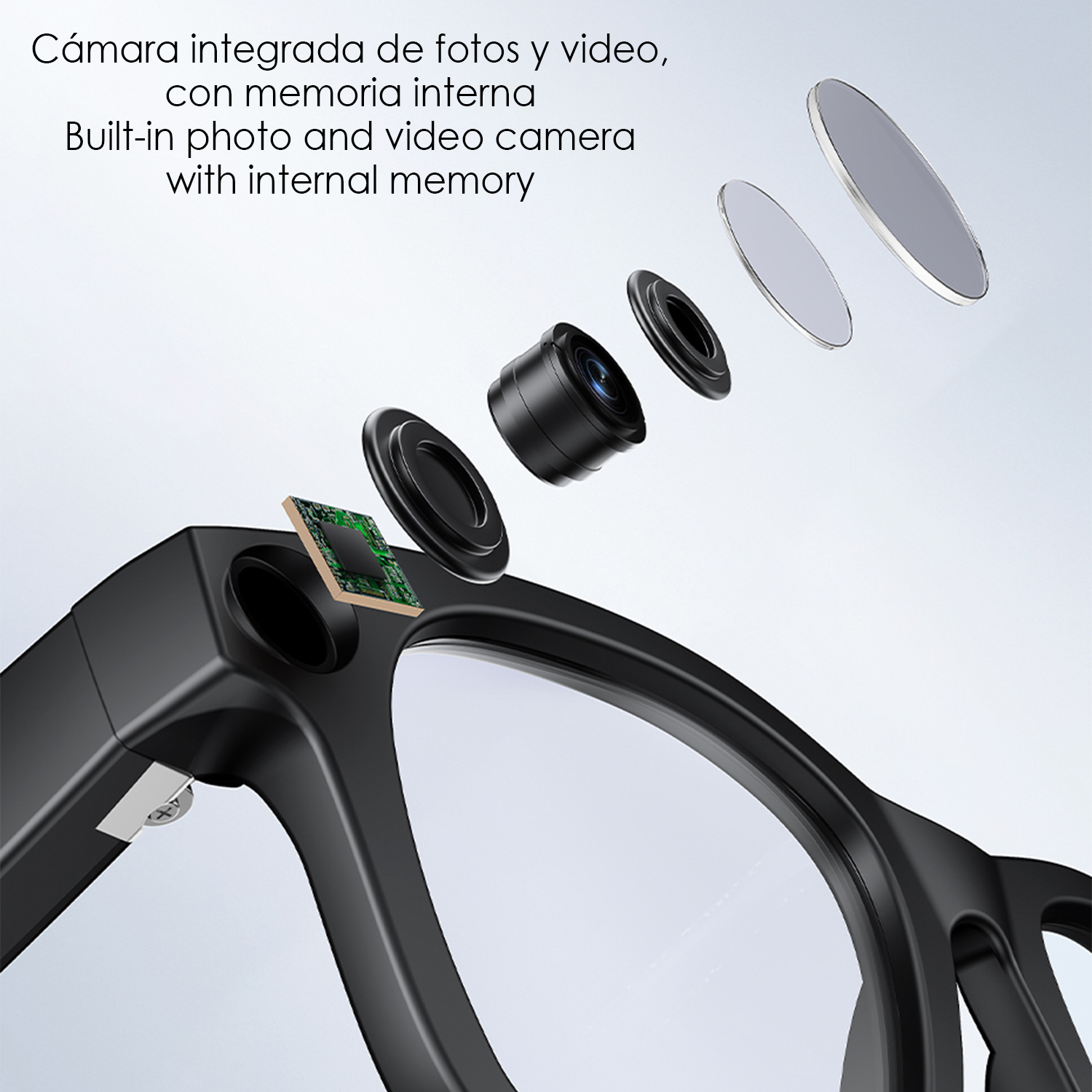 Gafas inteligentes negras con componentes de cámara separados. Texto: cámara de fotos y video integrada con memoria interna.
