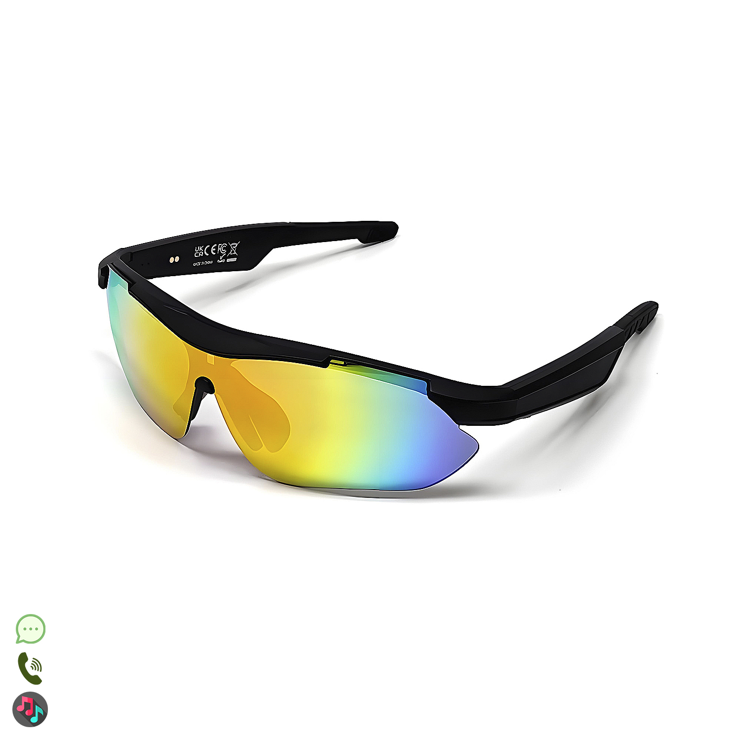 Occhiali da sole sportivi neri con lenti iridescenti su sfondo bianco. Le lenti riflettono tonalità gialle, verdi e blu.