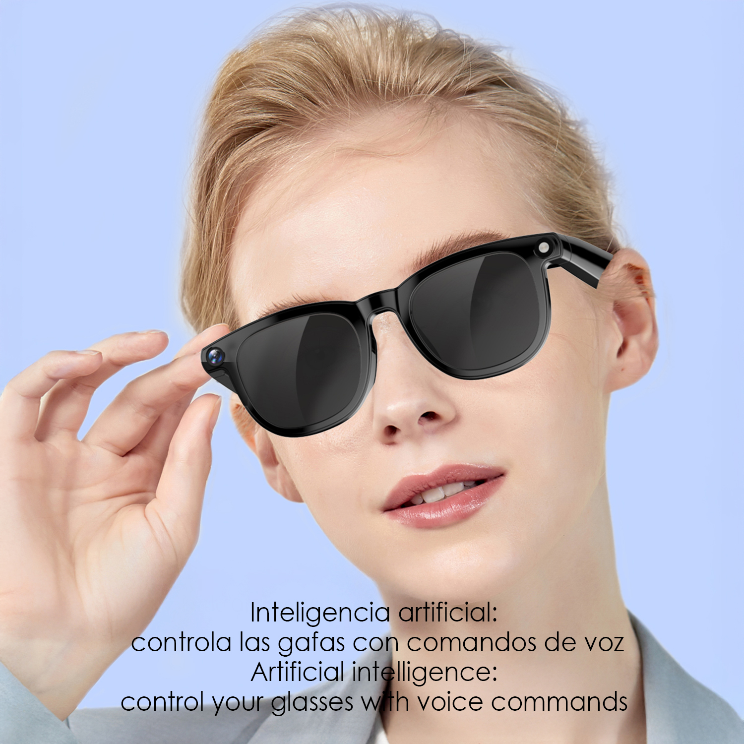 Una donna tiene in mano occhiali da sole neri. Testo sotto: Intelligenza artificiale: controlla i tuoi occhiali con comandi vocali.
