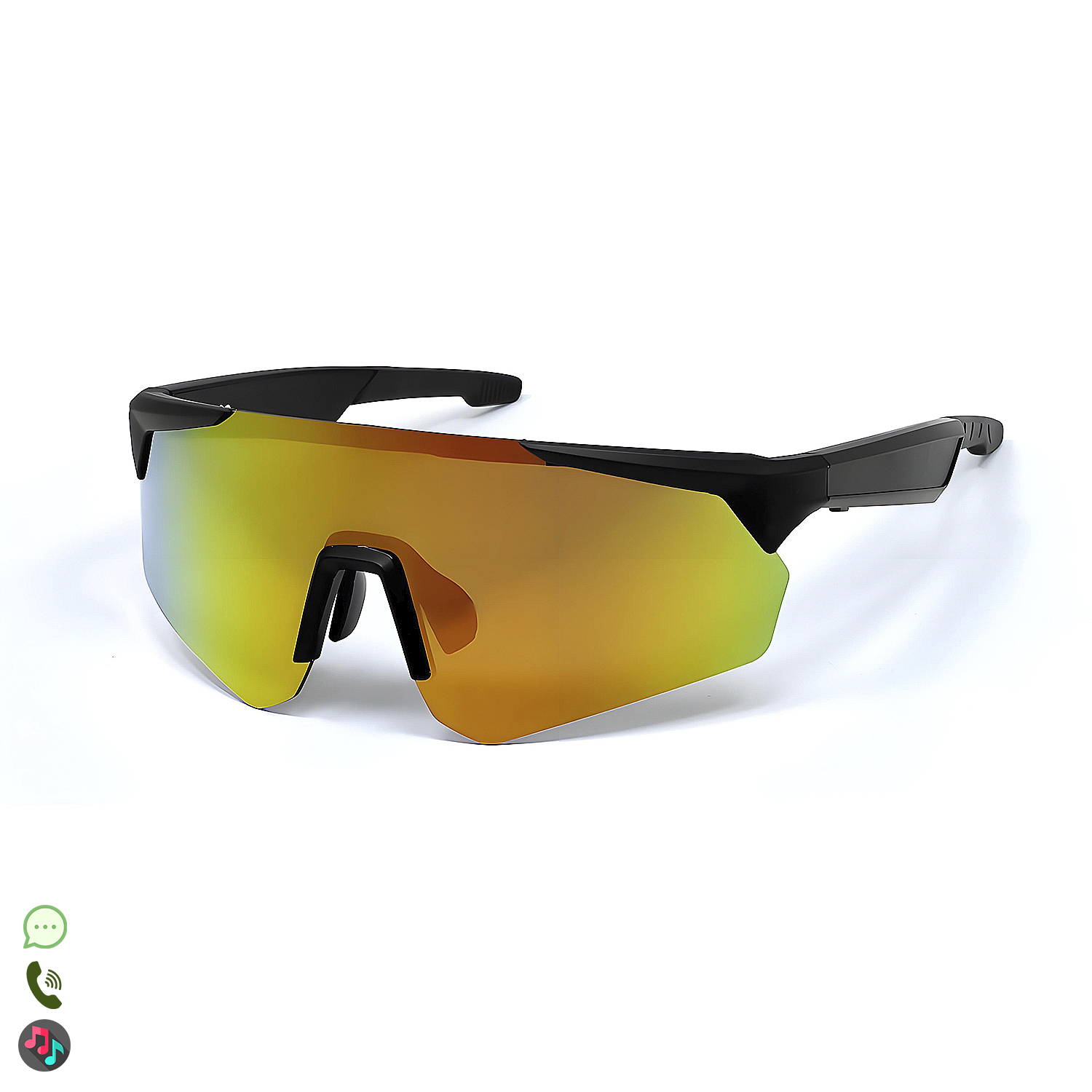 Occhiali da sole sportivi neri con lente a specchio arancione e gialla. La montatura è nera. Lo sfondo è bianco.