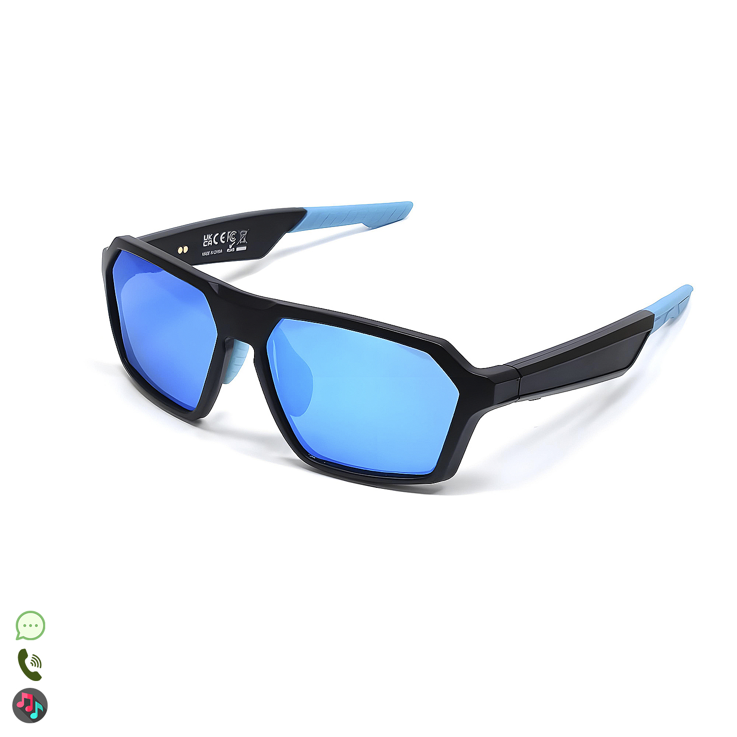 Occhiali da sole neri con lenti blu e terminali blu, su sfondo bianco.