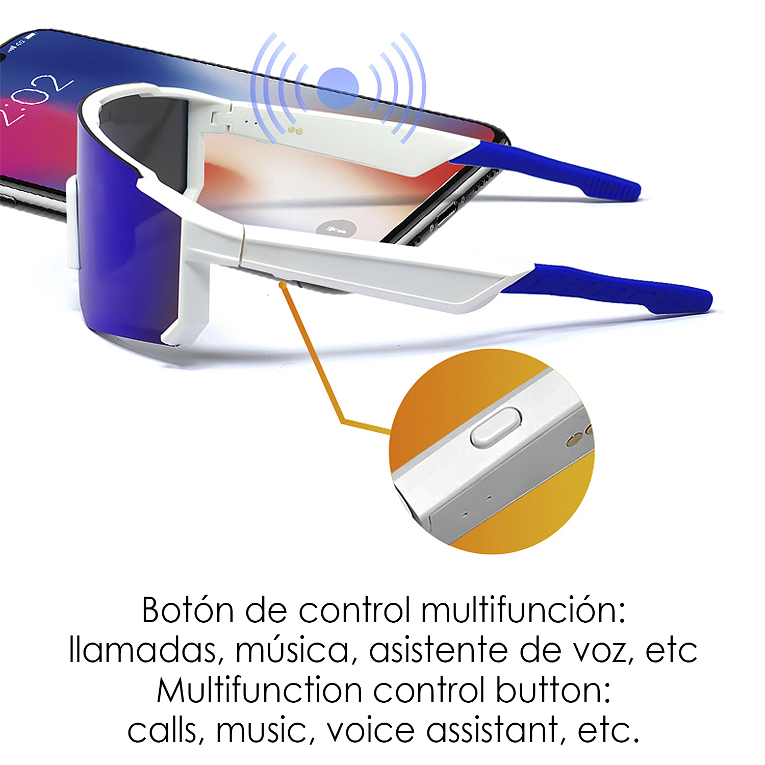 Occhiali intelligenti con montatura blu e bianca, appoggiati su un telefono. Viene mostrato un dettaglio del pulsante, con testo su chiamate, musica e assistente vocale.