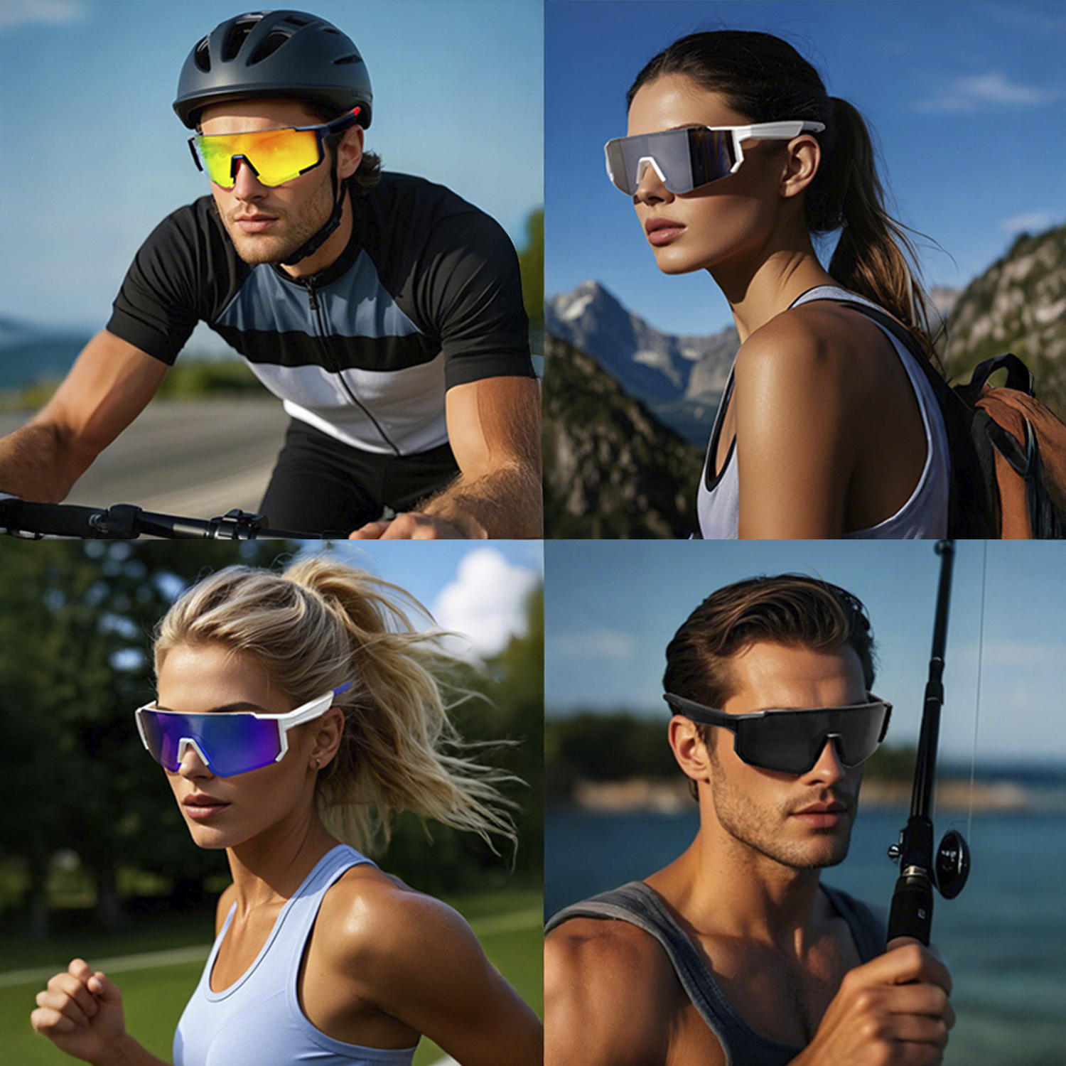 Quattro persone con occhiali da sole sportivi. Ciclista, escursionista, corridore e pescatore. Ognuno è all'aperto con uno sfondo diverso.