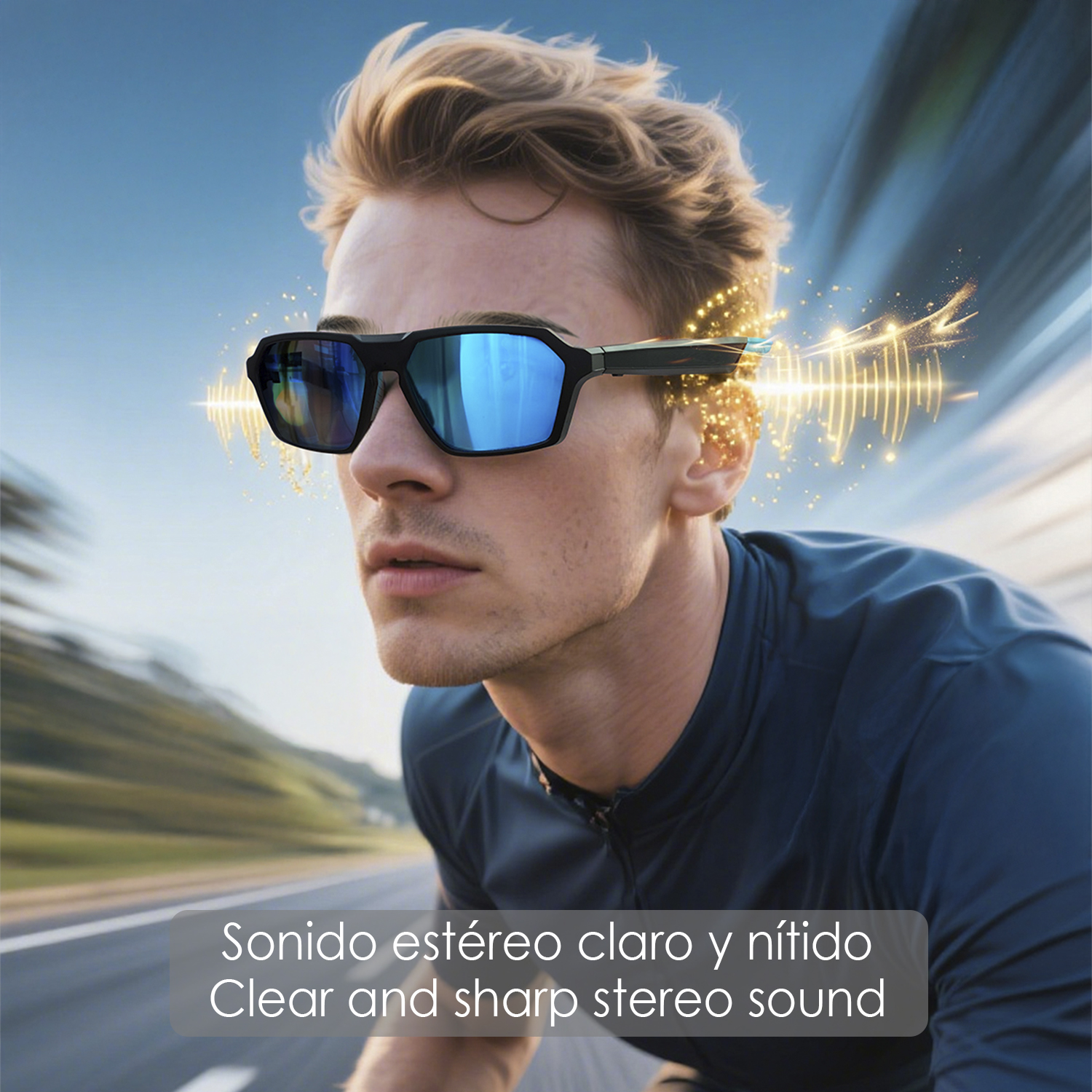 Un uomo con occhiali da sole con lenti blu. Onde sonore emanano dagli occhiali. Testo in basso: 'Suono stereo chiaro e nitido'.