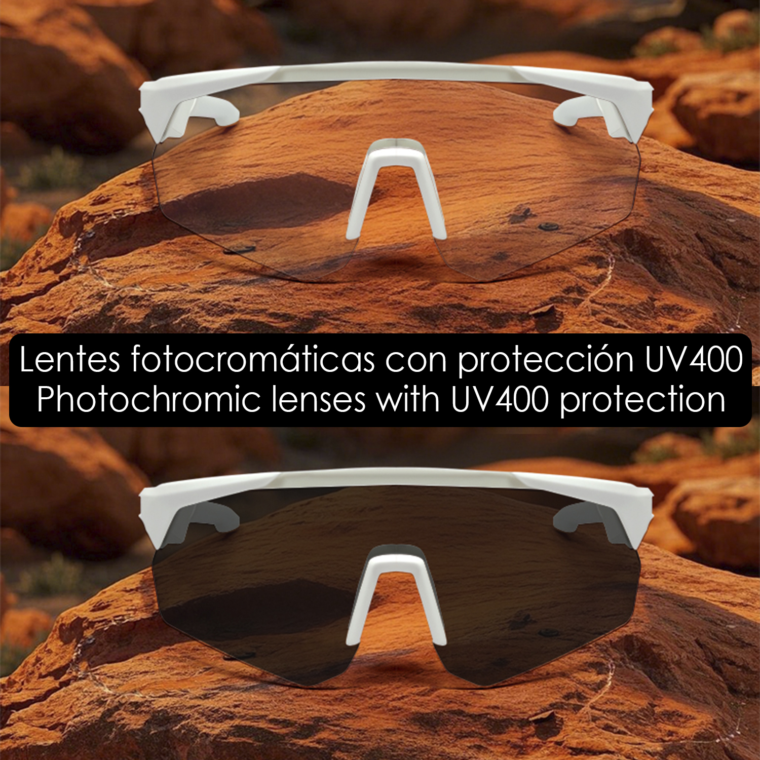 Occhiali da sole bianchi con lenti fotocromatiche su sfondo di roccia arancione. Le lenti cambiano colore. Testo in basso.