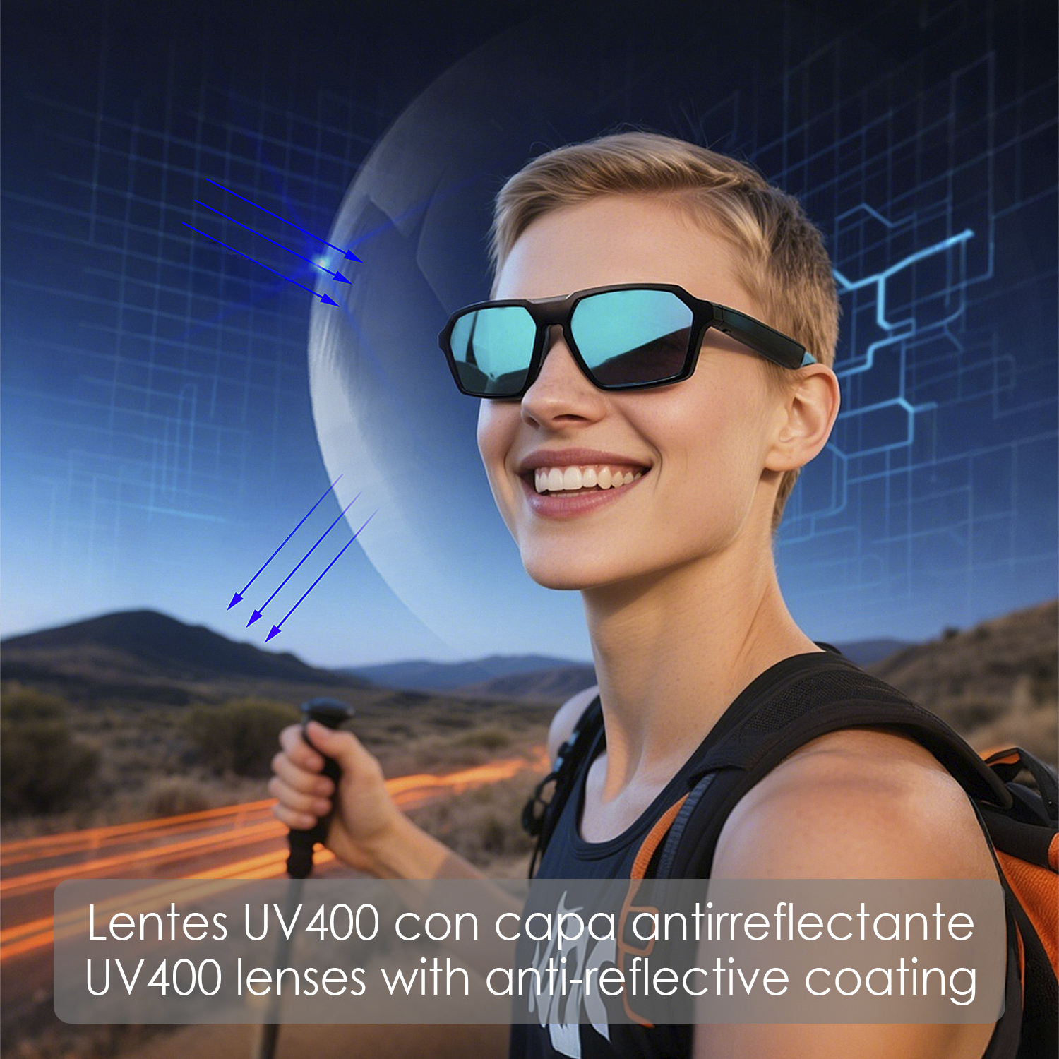 Una donna con occhiali da sole sorride, tiene un bastone, con una strada di montagna sullo sfondo. Testo: Lenti UV400 con rivestimento antiriflesso.