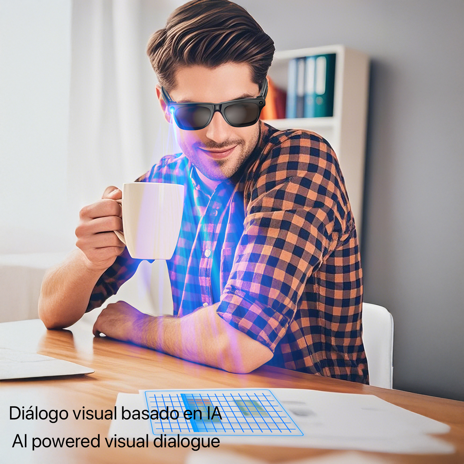 Un uomo con gli occhiali tiene una tazza. È in una stanza con una scrivania, dei fogli e una griglia. Testo: 'AI powered visual dialogue'.