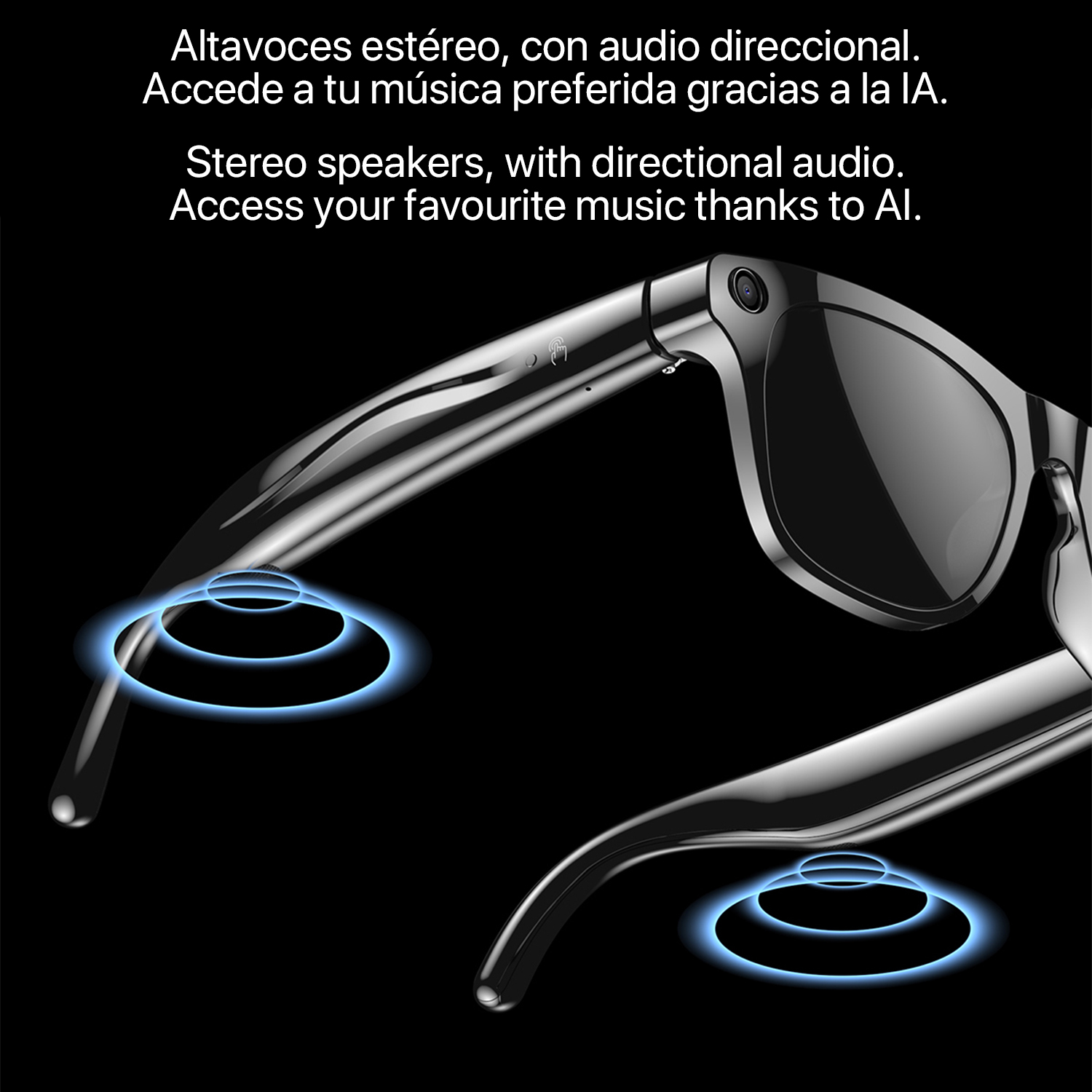 Occhiali da sole neri con cerchi blu luminosi, che suggeriscono l'audio. Il testo menziona altoparlanti stereo e accesso alla musica AI. Sfondo scuro.