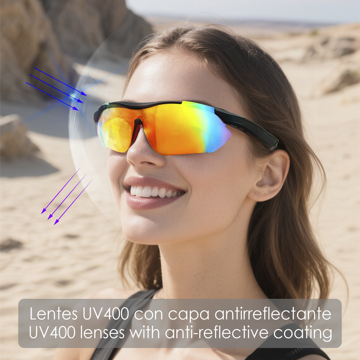 Una donna con occhiali da sole colorati sorride all'aperto. Il testo in basso dice: lenti UV400 con rivestimento antiriflesso.