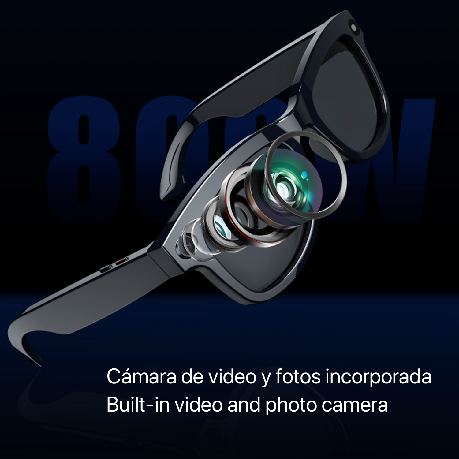 Gafas inteligentes negras con cámara incorporada, sobre fondo azul oscuro. Texto: 'Cámara de video y fotos incorporada'.
