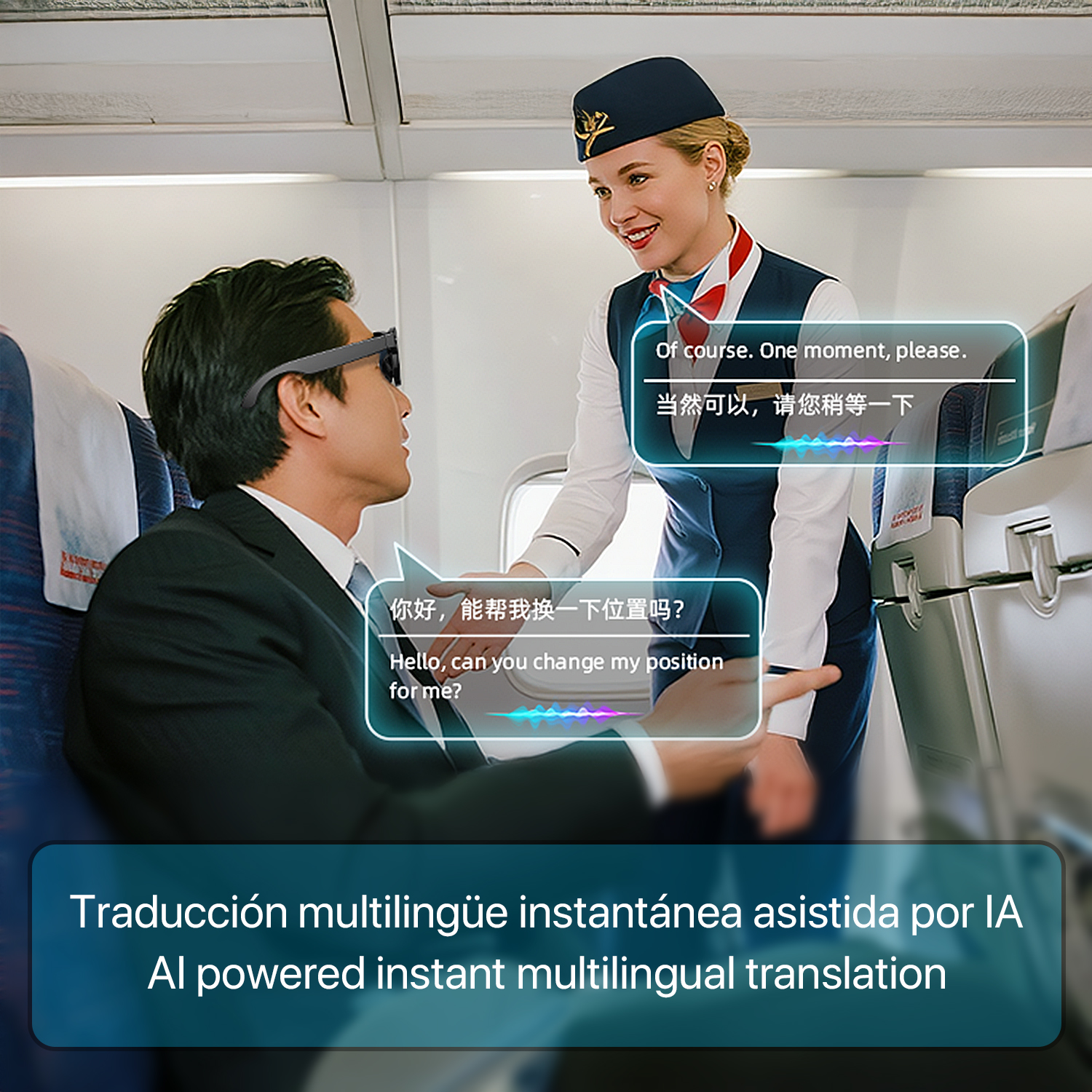 Un hombre con gafas pide ayuda a una azafata. Burbujas de texto muestran un servicio de traducción.