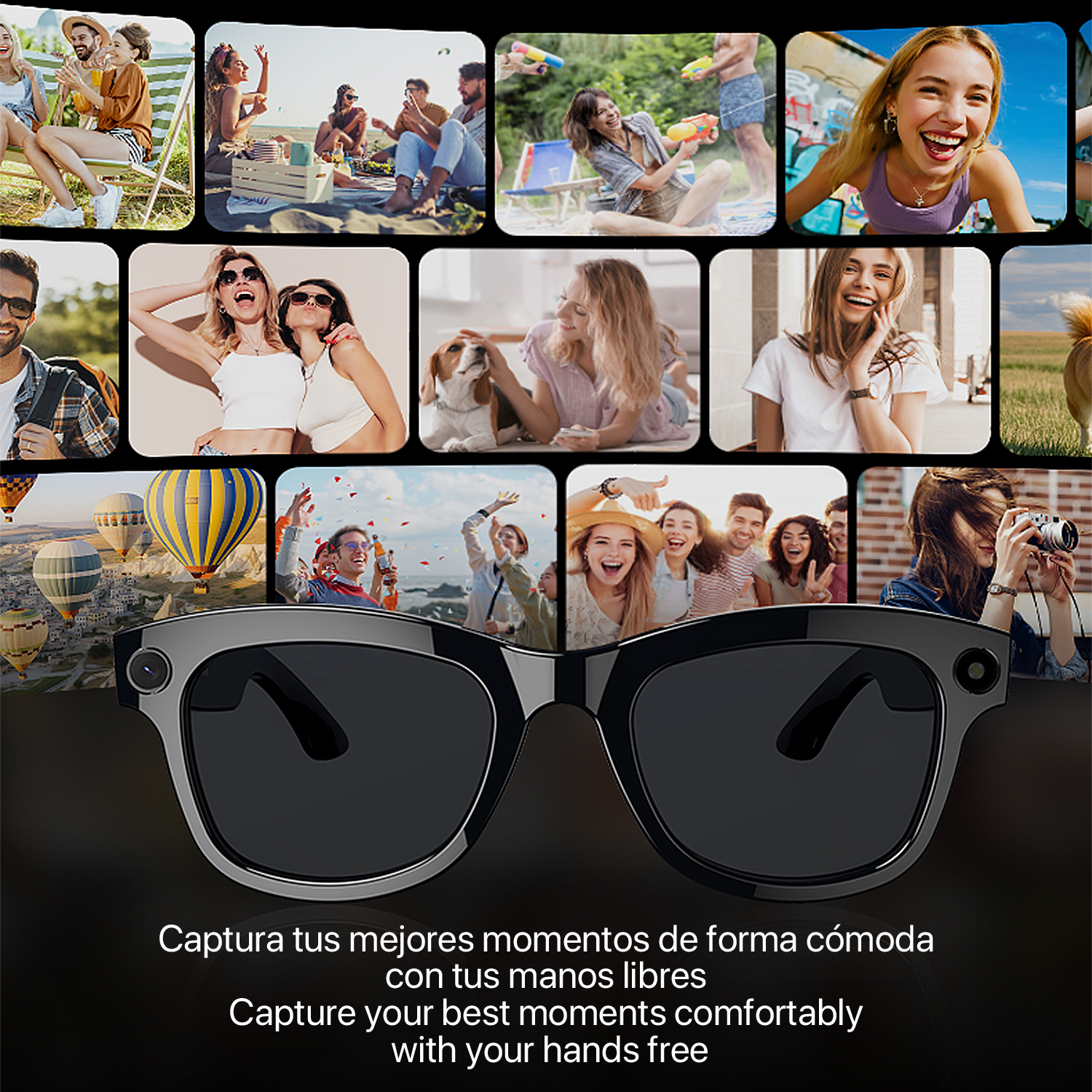 Gafas inteligentes negras con cámara integrada, mostrando personas felices disfrutando actividades. Texto: Captura tus mejores momentos manos libres.
