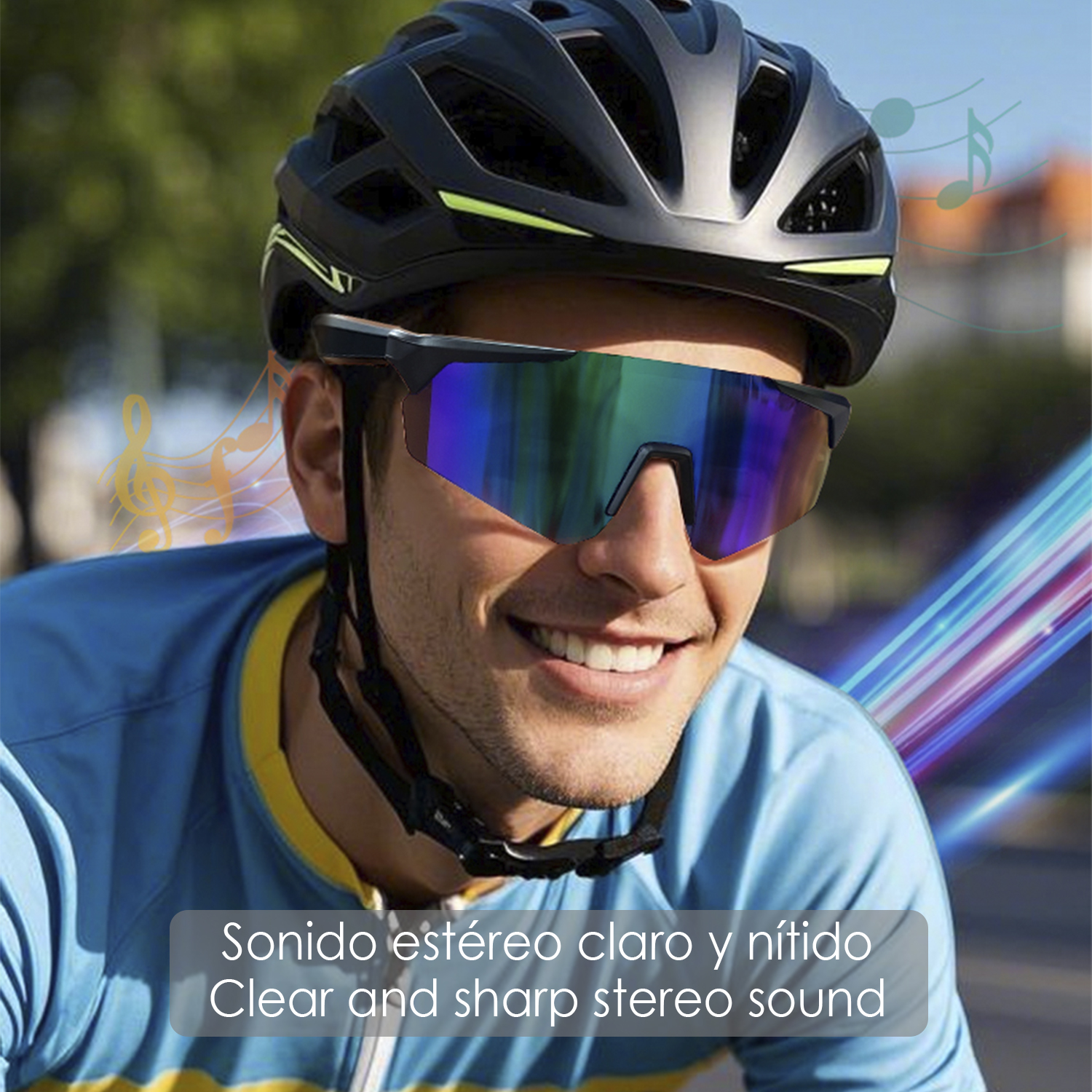 Uomo con casco e occhiali da sole sorride. Testo: 'Suono stereo chiaro e nitido'. Note musicali ed effetti di luce.