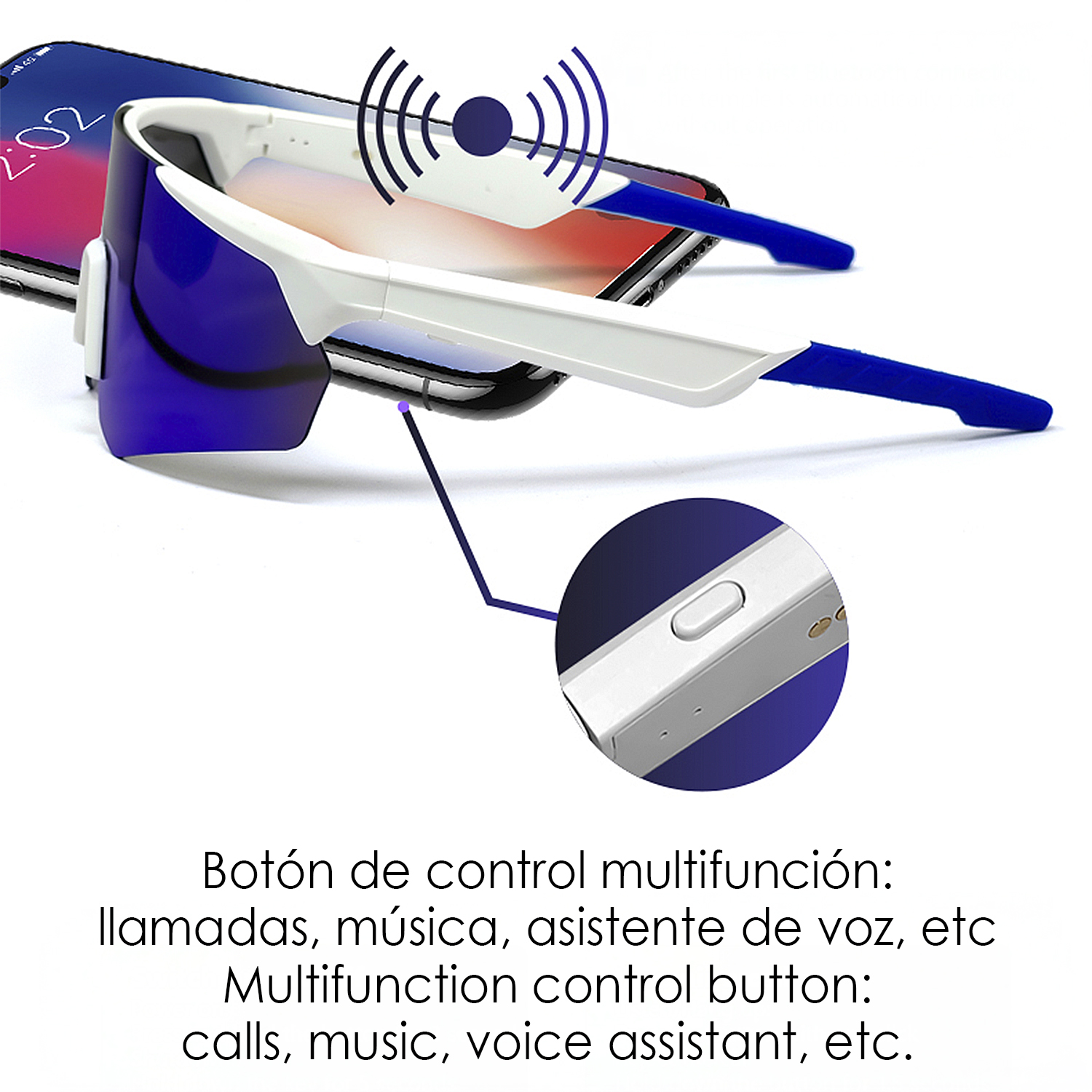 Occhiali intelligenti con dettagli blu su un telefono. Vista dettagliata del pulsante multifunzione. Testo indica chiamate, musica, assistente vocale.