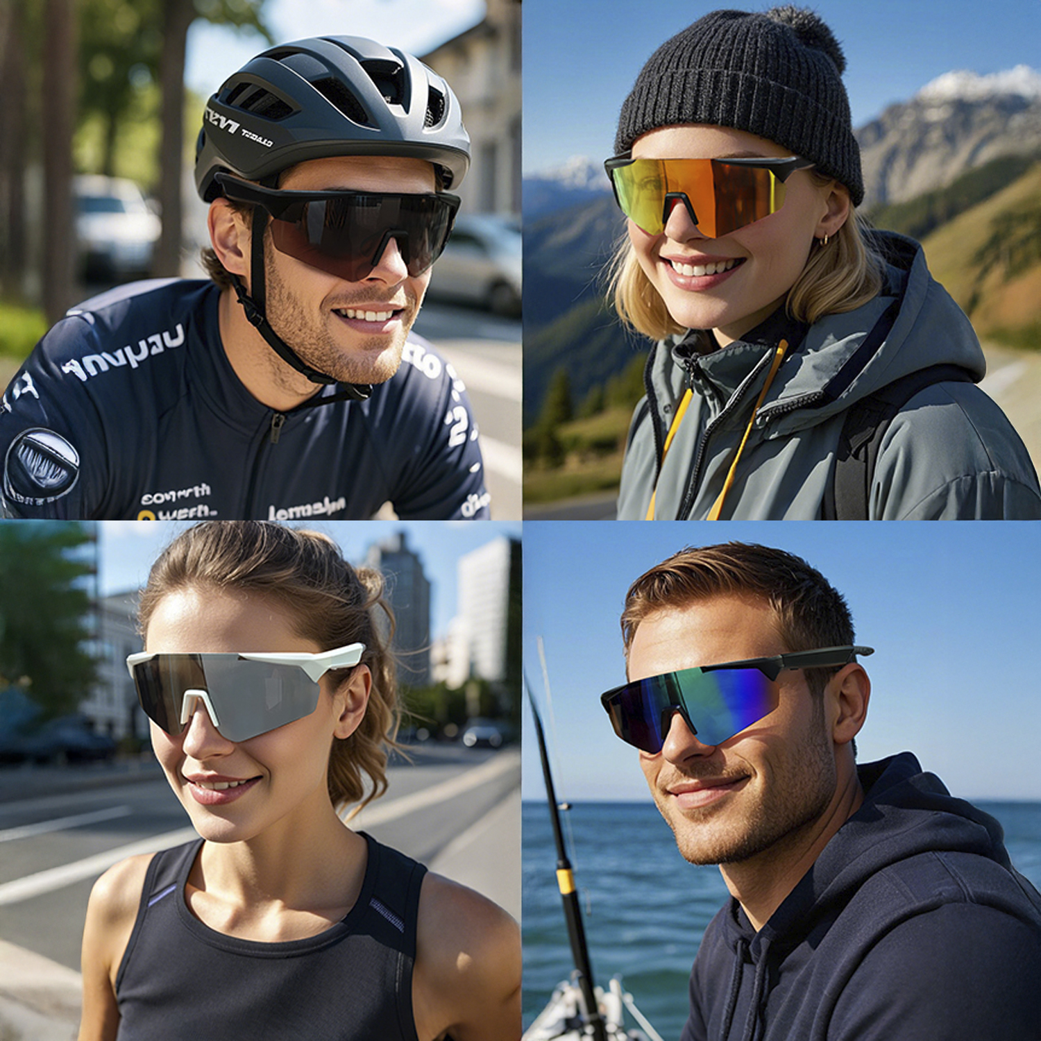 Quattro persone con occhiali da sole, ognuna sorride. Uno indossa un casco, un altro un berretto e due sono vicino all'acqua.