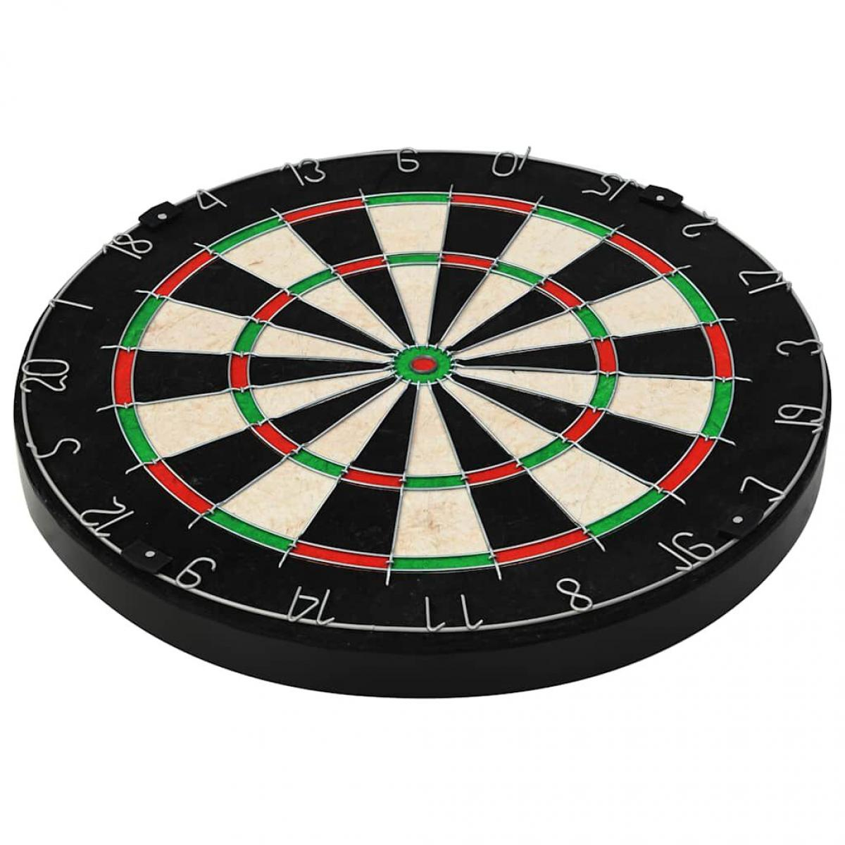 Eine Dartscheibe mit schwarzen, weißen, roten und grünen Segmenten. Zahlen sind am Rand. Die Scheibe ist rund und schwarz.