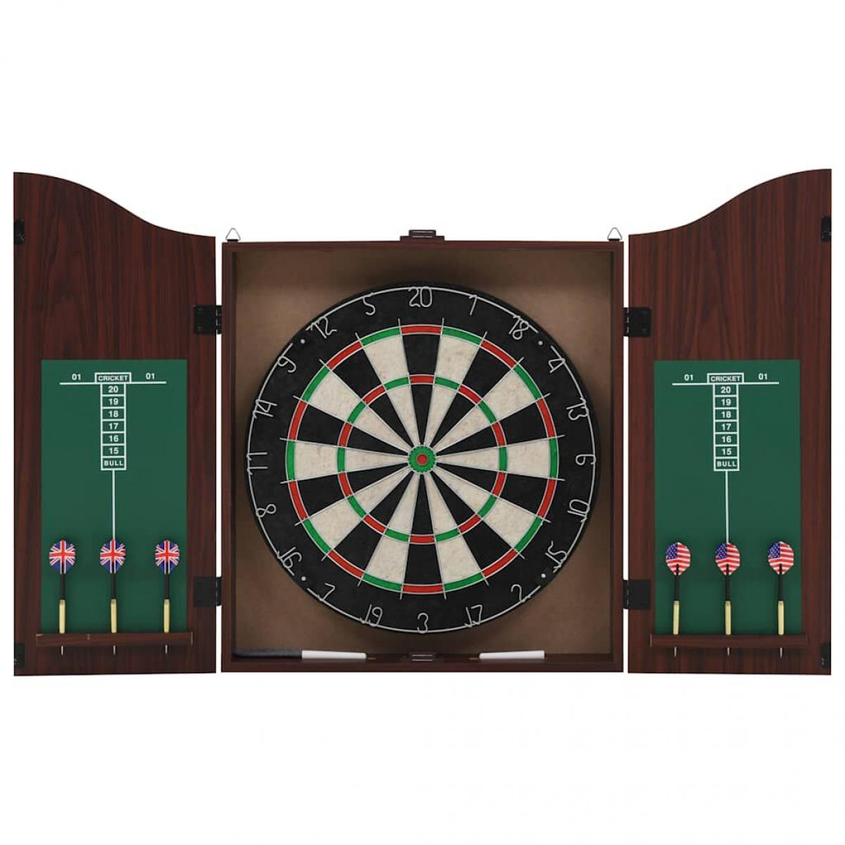 Ein Dartscheiben-Set mit Holzschrank. Die Dartscheibe befindet sich in der Mitte mit Dartpfeilen und Anzeigetafeln auf beiden Seiten.