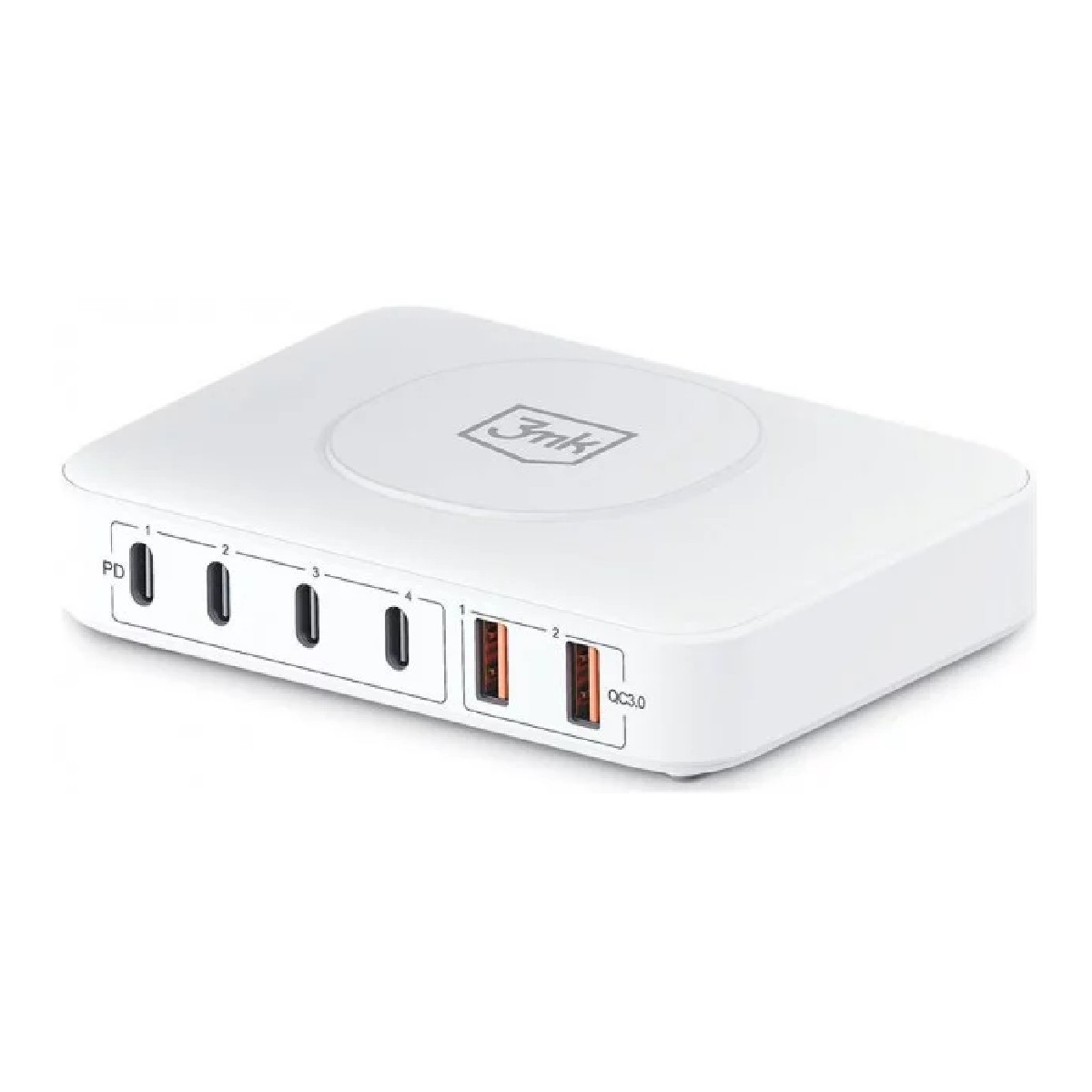 Biała stacja ładująca z wieloma portami. Ma okrągły wierzch z logo oraz kilka portów USB i USB-C.