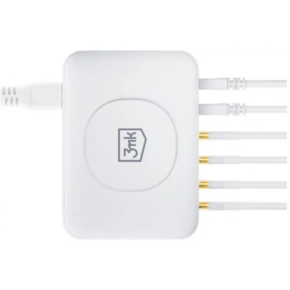 Białe urządzenie z kablem i wieloma kablami wyjściowymi. Urządzenie posiada logo 3nk. Kable mają złote złącza.