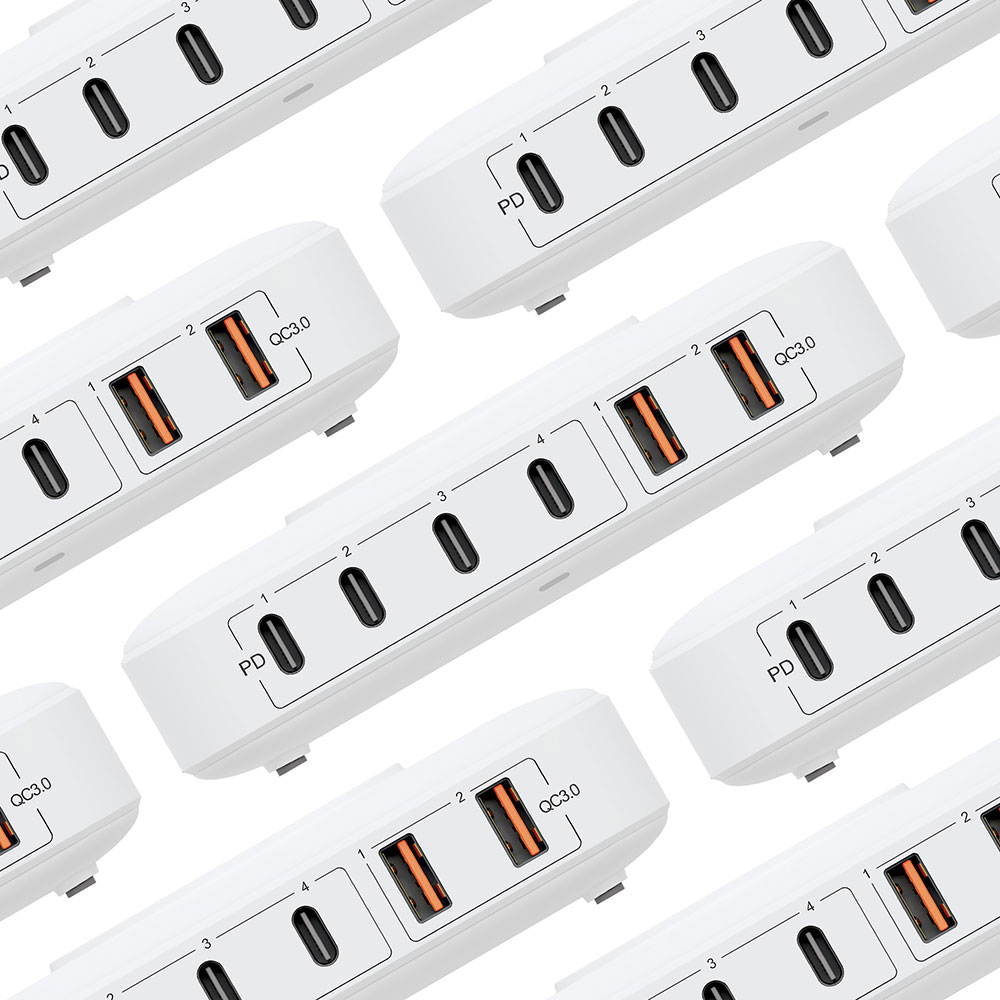Białe zasilacze z wieloma portami, w tym USB i USB-C. Niektóre porty mają pomarańczowe wnętrza. Oznaczone jako PD i QC3.0.