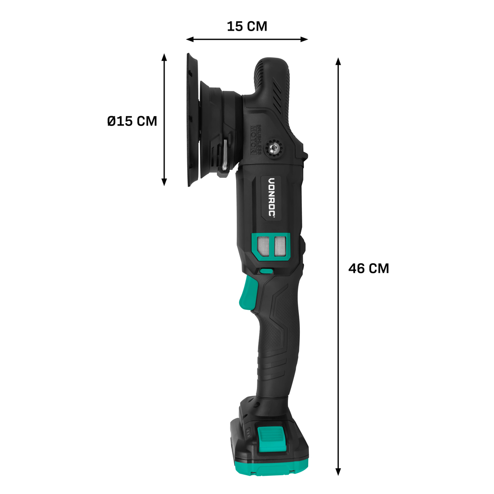 Black and green power tool, cordless. It has a sanding head, a handle, and a battery. Dimensions: 15cm x 15cm x 46cm.
