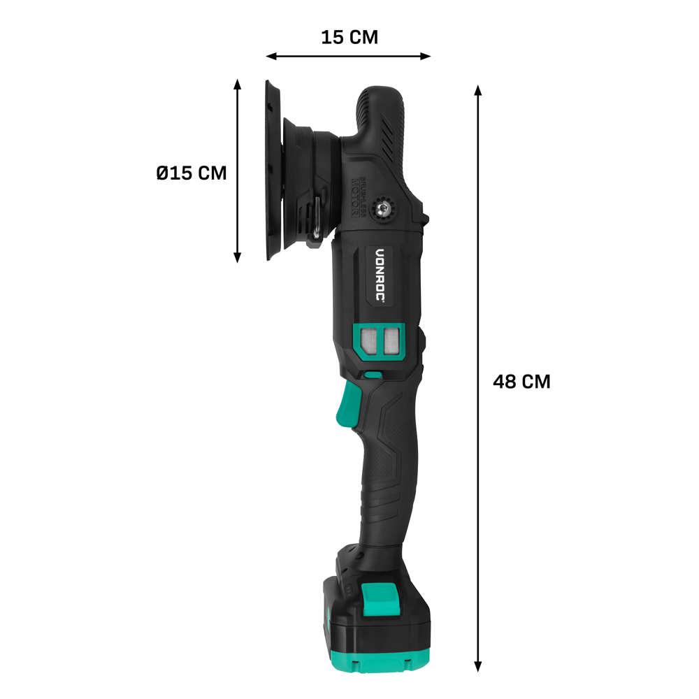 Black and green power tool with dimensions labeled: 15 cm wide, 15 cm diameter, and 48 cm long, on white background.