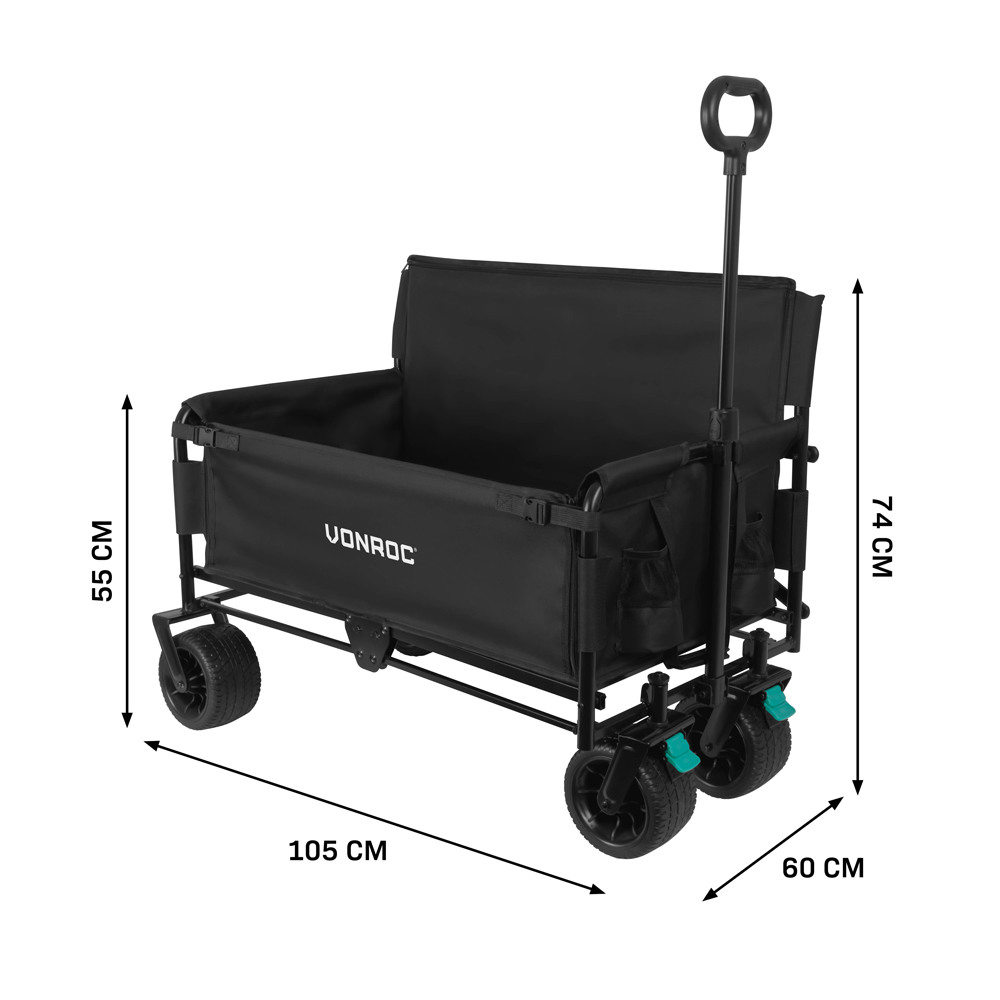 Zwarte Vounroc-wagen met afmetingen. 105 cm lang, 60 cm breed en 74 cm hoog. Wielen en een handvat zijn zichtbaar.