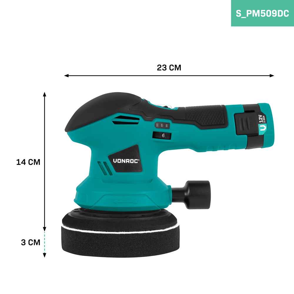 An orbital sander in teal and black. It has a black sanding pad and is labeled VOnroc. Dimensions are displayed with arrows.
