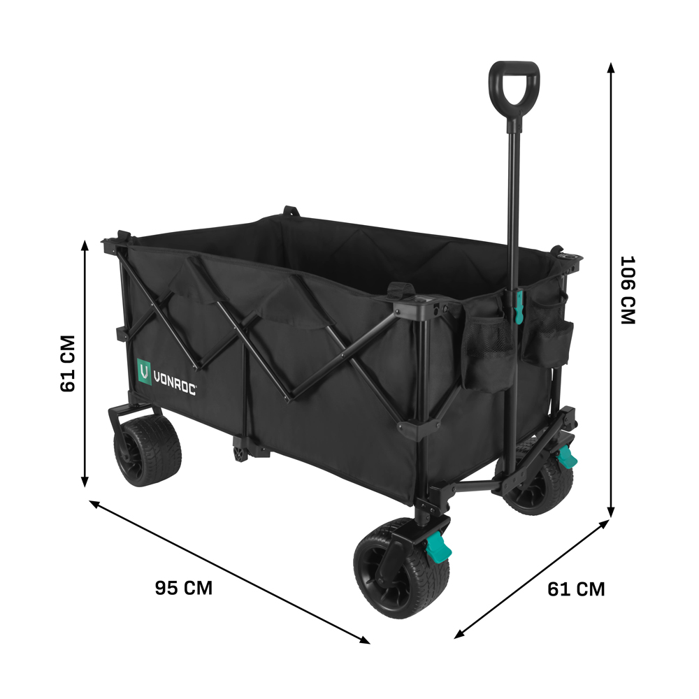 Een zwarte opvouwbare wagen met afmetingen. Voorzien van een handvat, vier wielen en zijvakken. De merknaam is zichtbaar.