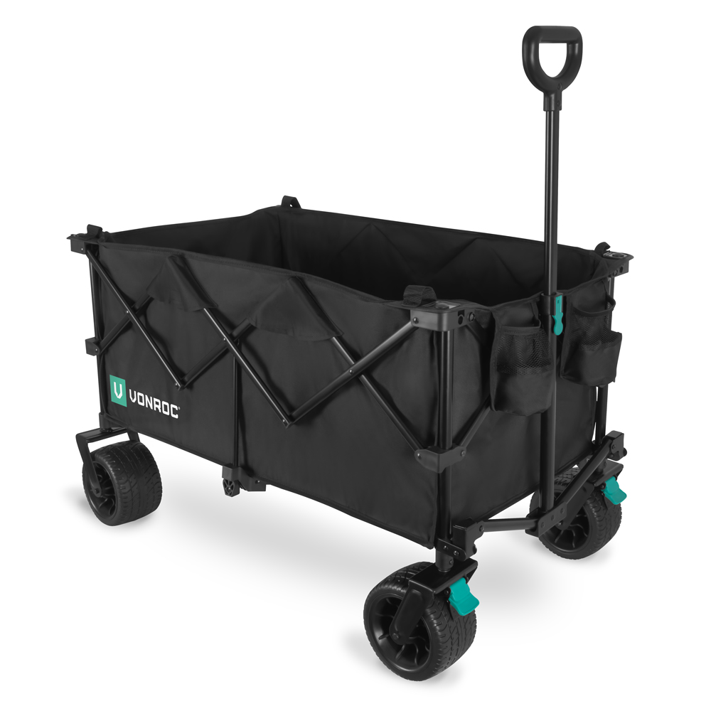 Een zwarte opvouwbare wagen met grote wielen en een handvat. Het heeft zakken en een Vonroc-logo. De wagen staat op een witte ondergrond.