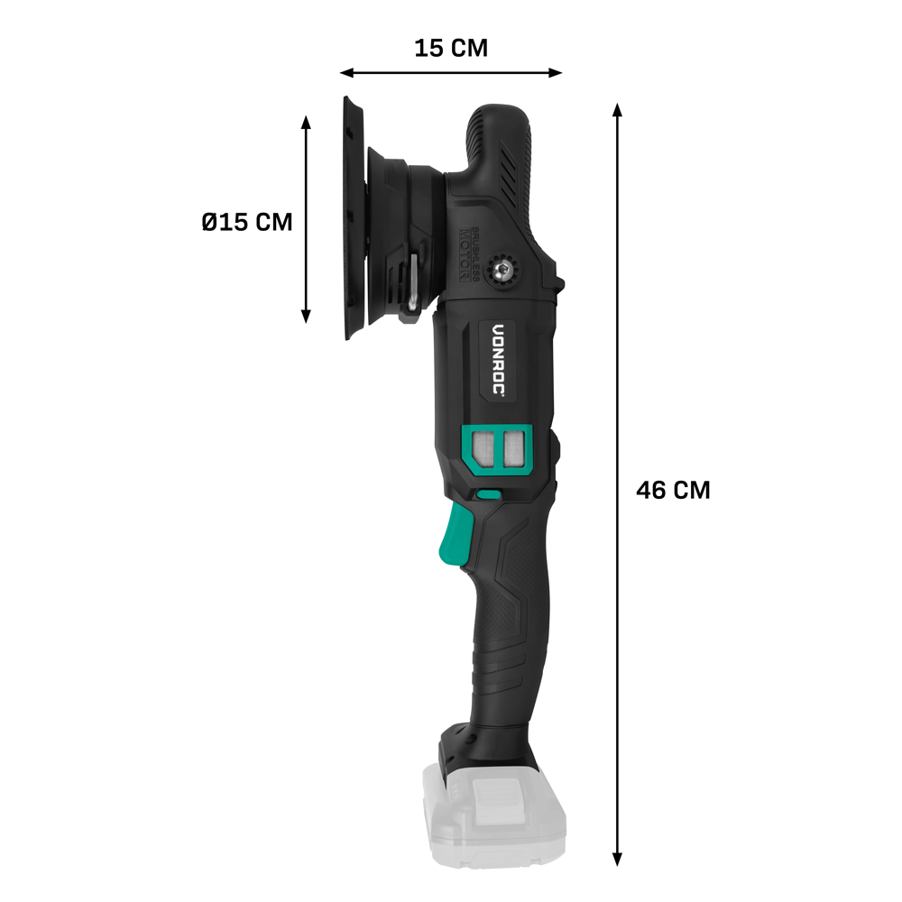 A black and green power tool with dimensions. The tool has a battery and a trigger. The head is 15 cm, the body 46 cm long.
