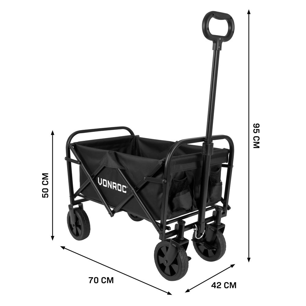 Een zwarte opvouwbare wagon met afmetingen. Handvat omhoog, vier wielen en opbergvakken. Tekst op de wagon luidt 'VONROC'.