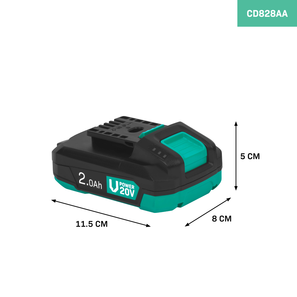 Black and green 20V power tool battery pack. Displays 2.0Ah. Dimensions: 11.5cm x 8cm x 5cm. Product code: CD828AA.