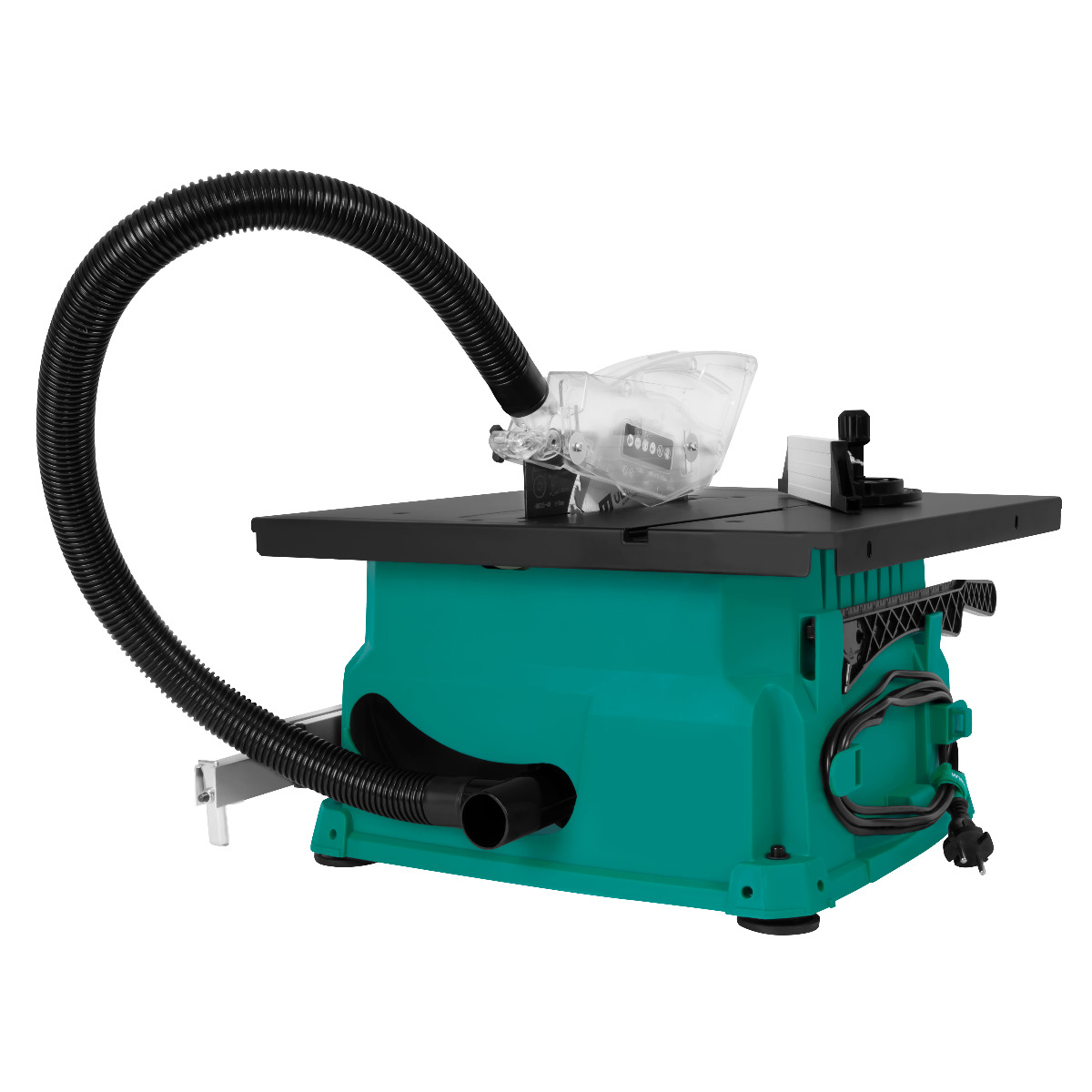 A teal table saw with a black table top and a black hose. The saw has a clear plastic guard and a black power cord.