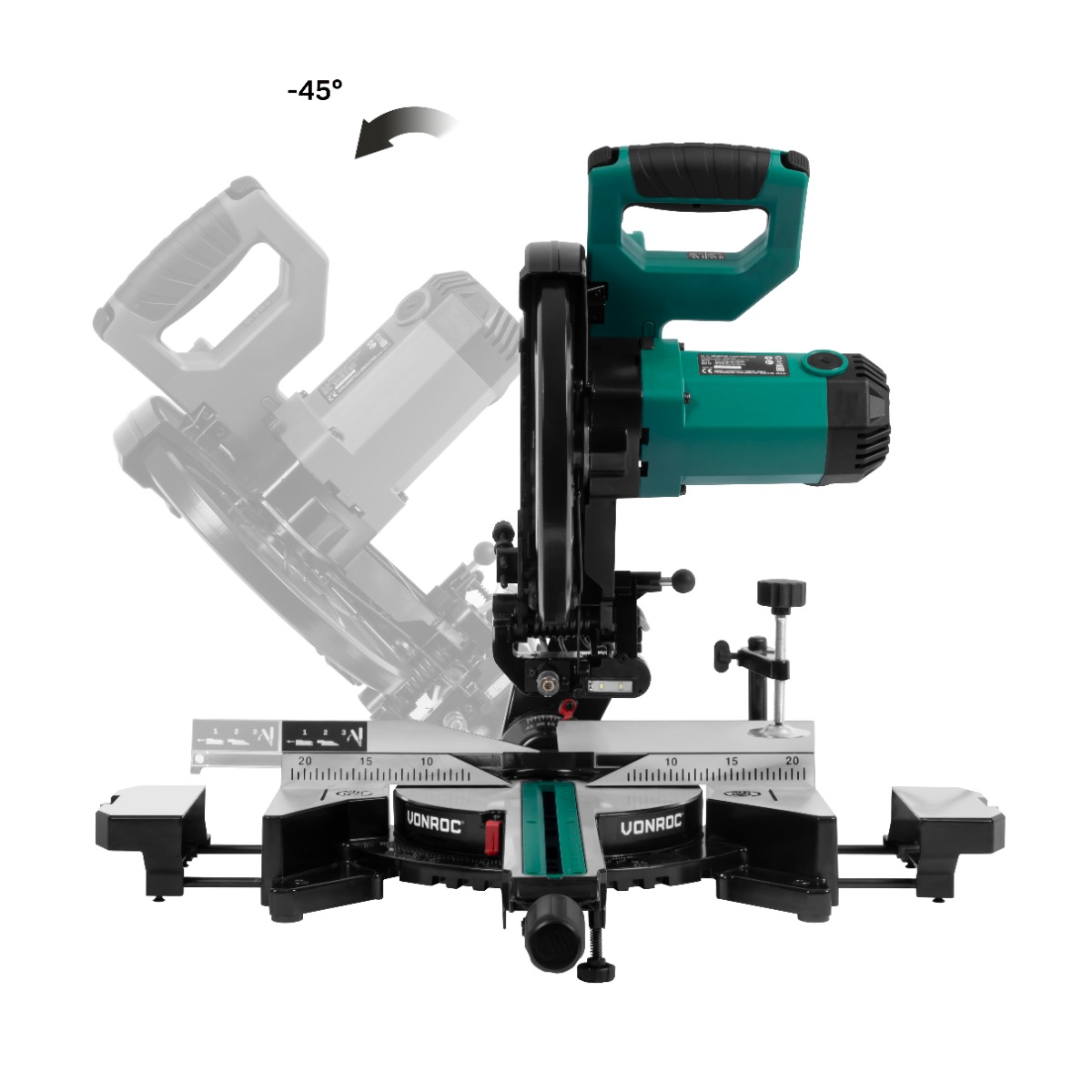 A miter saw with a green and black body. It is set at -45 degrees. The base is black with a silver ruler.