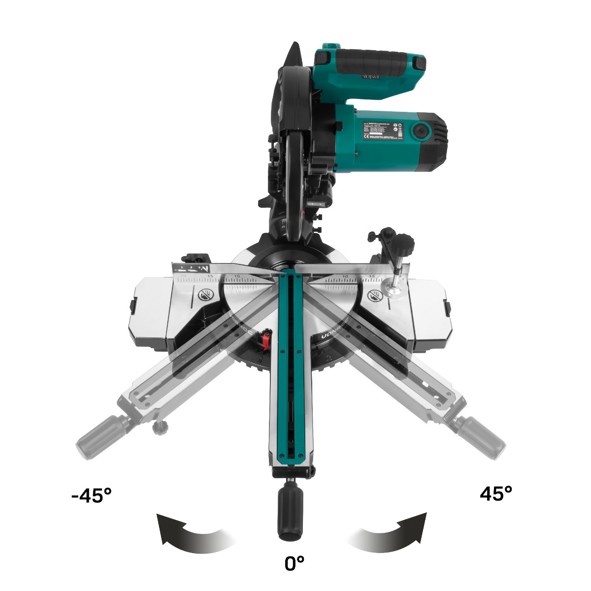 A miter saw, teal and black, sits on a white surface. It has a blade and adjustable arms labeled -45°, 0°, and 45°.