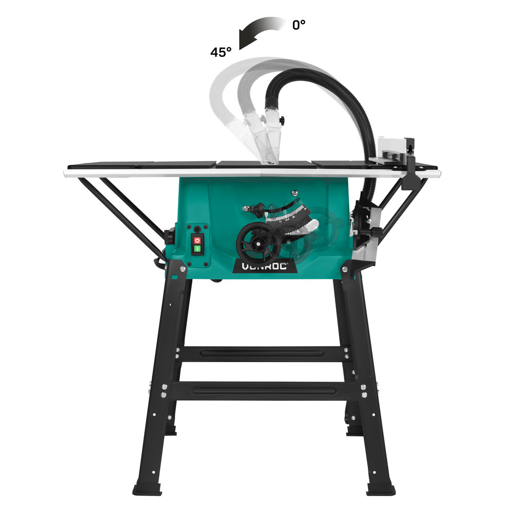 A teal table saw with black legs. It has a black hose and a clear plastic guard. The saw can be angled up to 45 degrees.