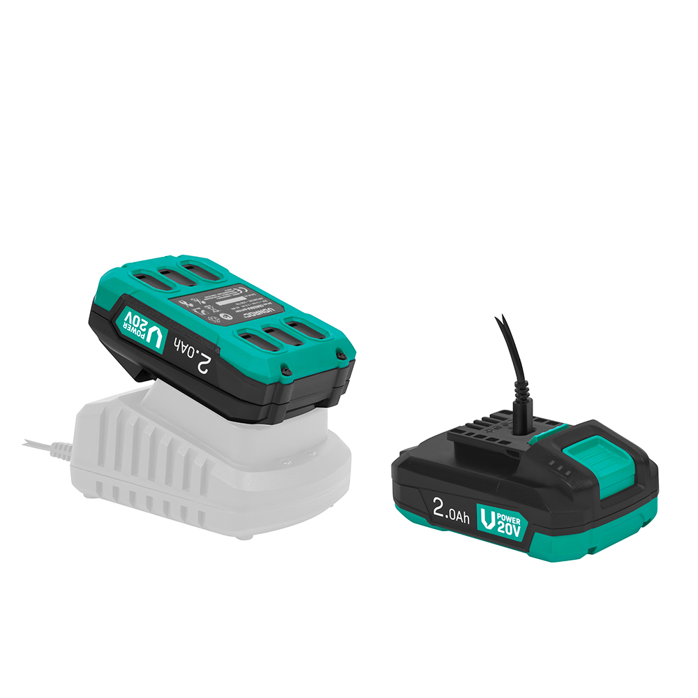 Two black and teal 20V power tool batteries. One is on a charger. The other is next to a charger with a charging cable.