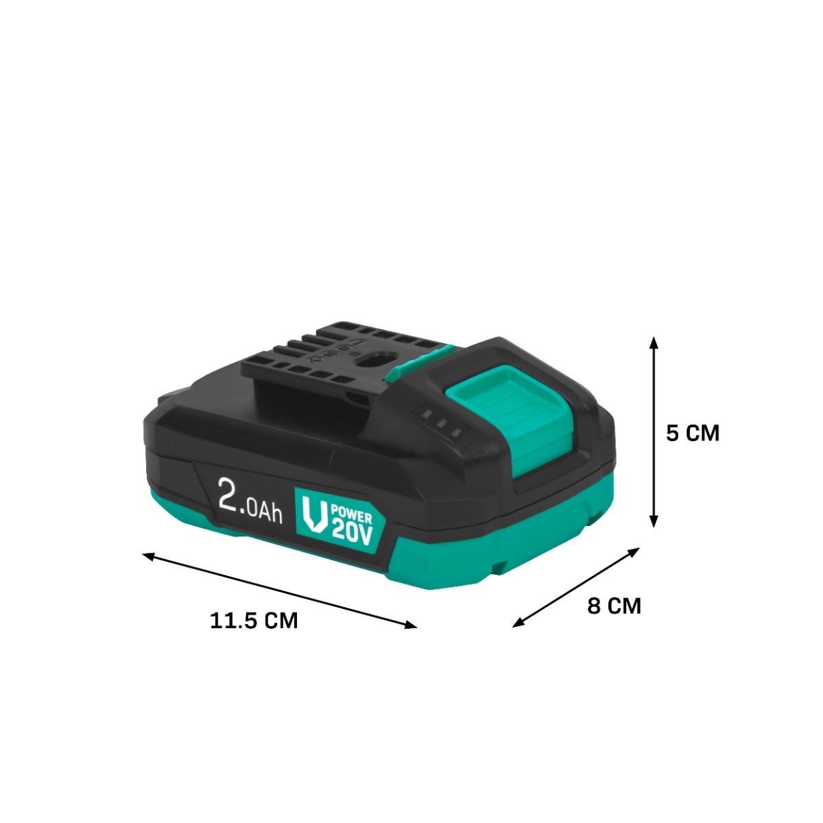 Black and teal 20V battery pack, 11.5cm long, 8cm wide, 5cm high. Displays 2.0Ah capacity.