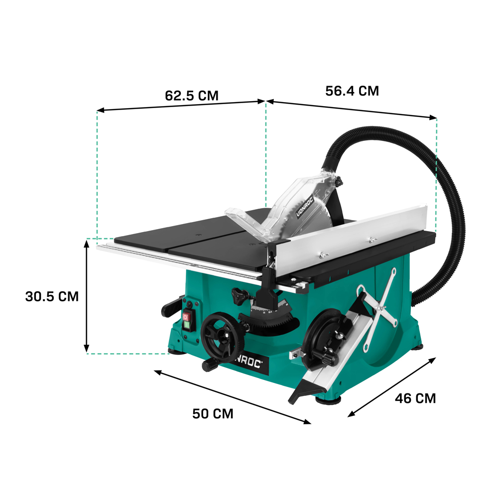 A teal table saw with a black table. Dimensions are indicated with arrows and numbers. A black hose is connected to the saw.