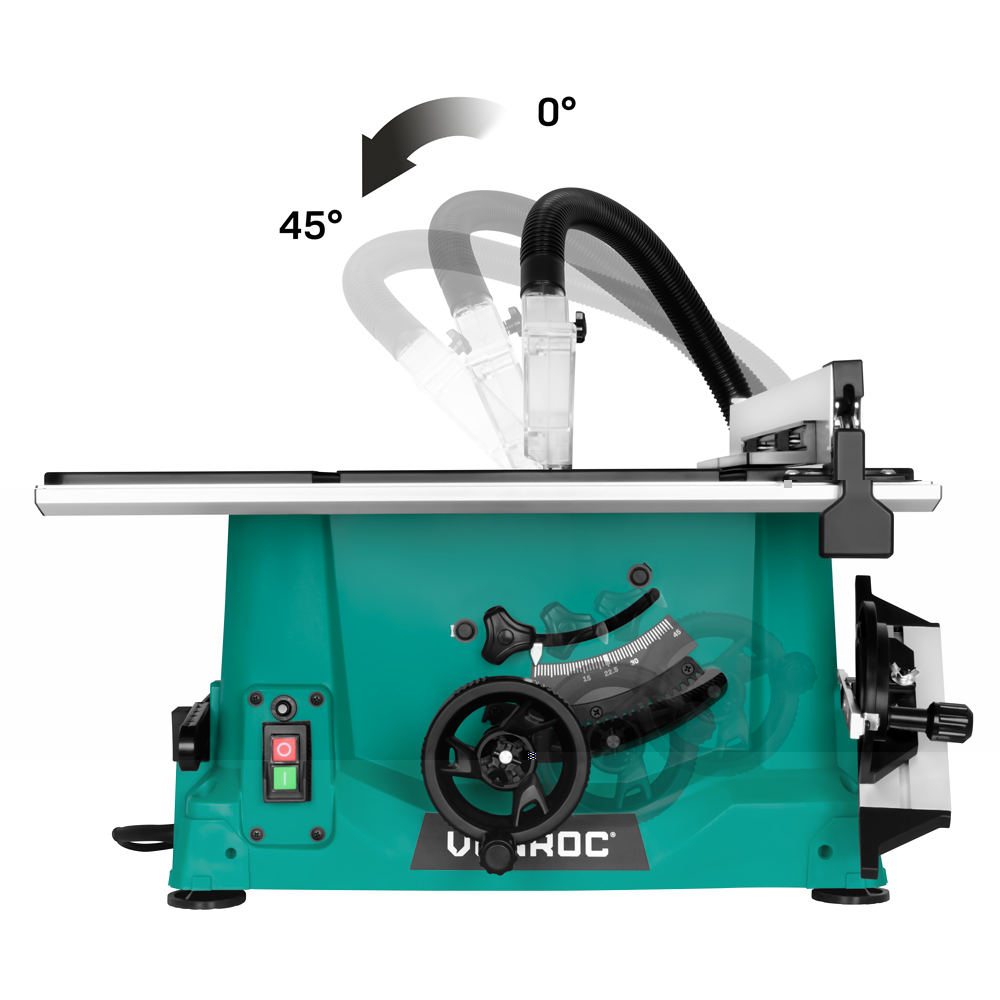 A teal table saw with a black hose and a clear plastic guard. The saw has a black wheel and a red/green power switch.