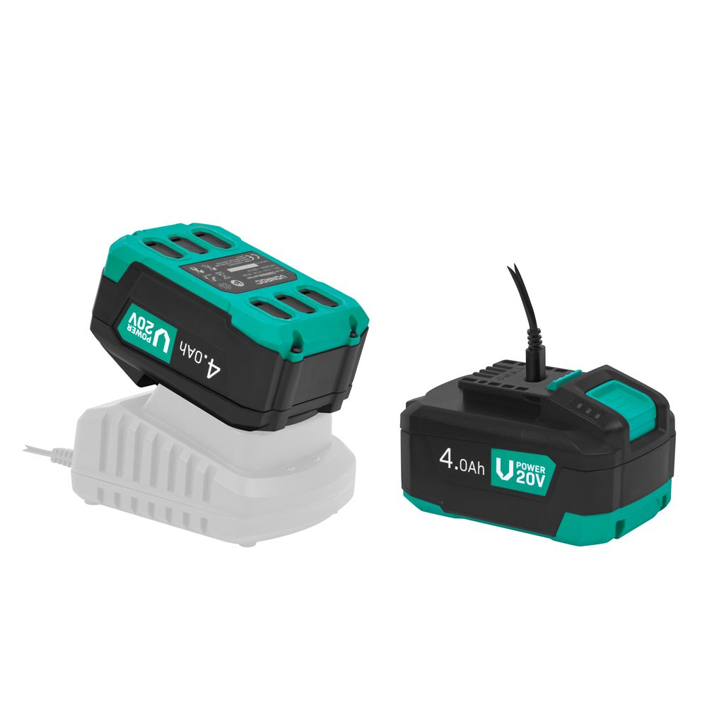 Two black and green 20V 4.0Ah power tool batteries, one on a charger. One has a cable attached.