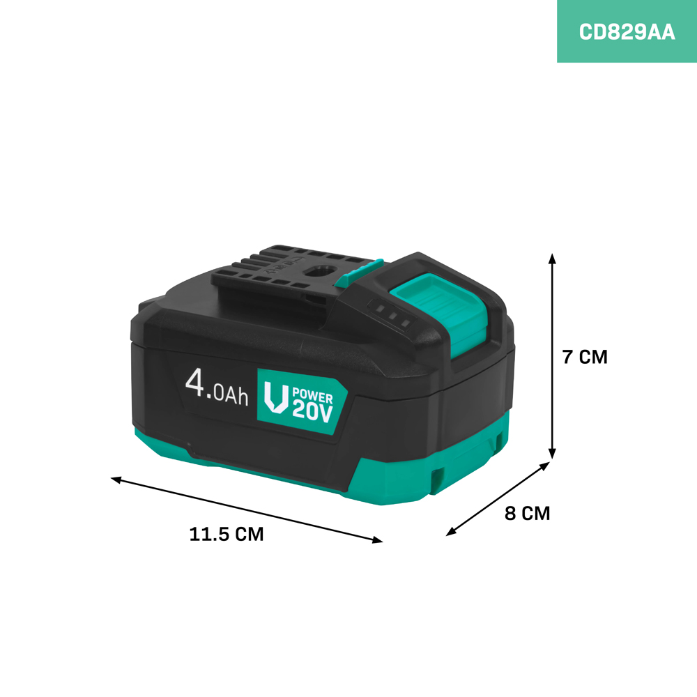Black and teal 20V power tool battery pack. Dimensions are 11.5cm x 8cm x 7cm. Features 4.0Ah capacity.