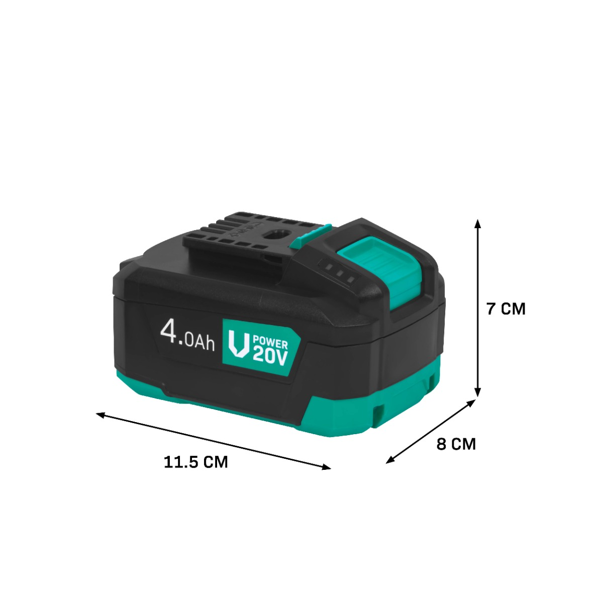 Black and teal 20V power tool battery pack. Dimensions are labeled: 11.5cm long, 8cm wide, and 7cm high. It has 4.0Ah.