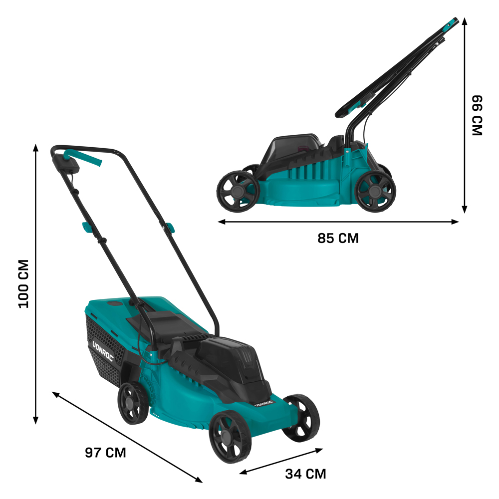 Twee teal en zwarte grasmaaiers met afmetingen aangegeven. Eén is 97 cm lang, de andere 85 cm. Beide hebben handvatten en wielen.