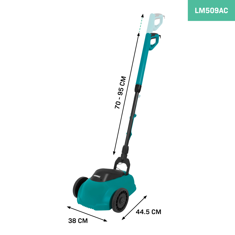 A teal and black lawn edger with dimensions marked. It has wheels, a long handle, and a black body. The label reads LM509AC.
