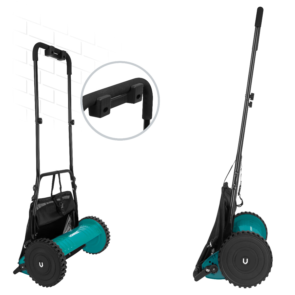 Een handmatige grasmaaier met een zwart frame en handvat. Het heeft turquoise rollen en een zwarte netopvangbak.